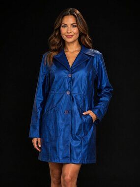 Instant Action Women’s Blue Shiny Trench Coat Jacket, M